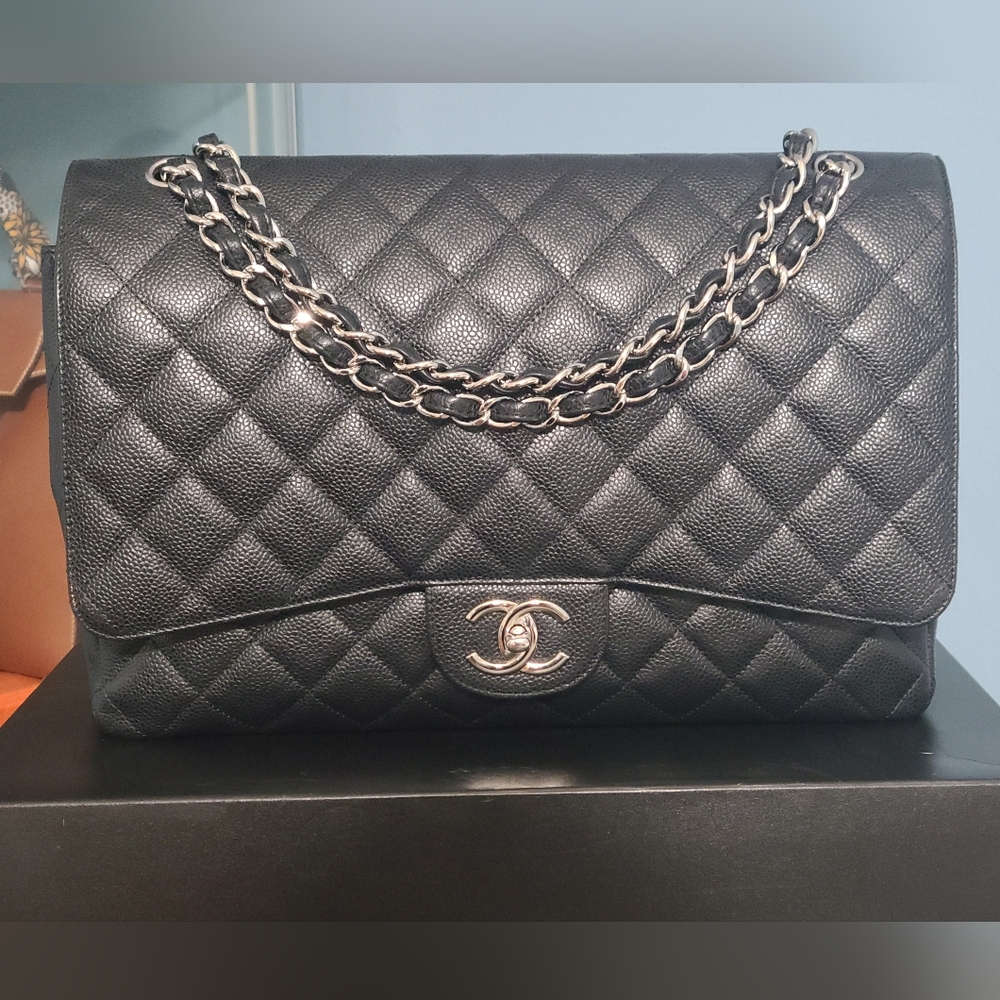 Authentic Chanel Black Caviar Maxi Double Flap Bag with Silver Hardware
